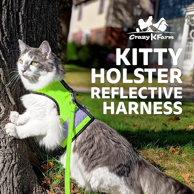 Kitty Holster Reflective Cat Harness – High-Visibility Cat Harness for Travel, Day and Night Walking - Soft Cotton Cat Accessories, Breathable, Secure & Washable, Made in USA - Loud Lime, XL