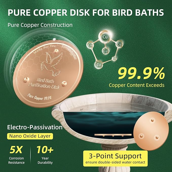 Bird Bath Copper Disk, Pure Copper Bird Bath Purification Disc, Save Cleaning Time, Chemical Free,Safe Natural Solution for Birdbaths Bowls&Waterfall Fountain, Year-Round Use (4 pcs)
