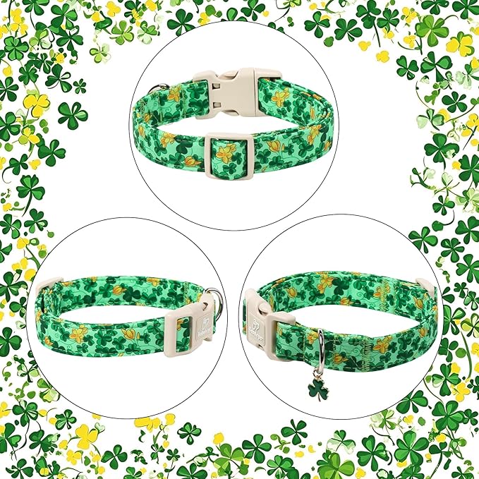 St. Patrick's Day Dog Collar for Small Dogs - Green Shamrock & Yellow Flower Print Dog Collars, Cute Irish Party Puppy Collar, Lightweight Adjustable St. Patricks Day Pet Collars XS