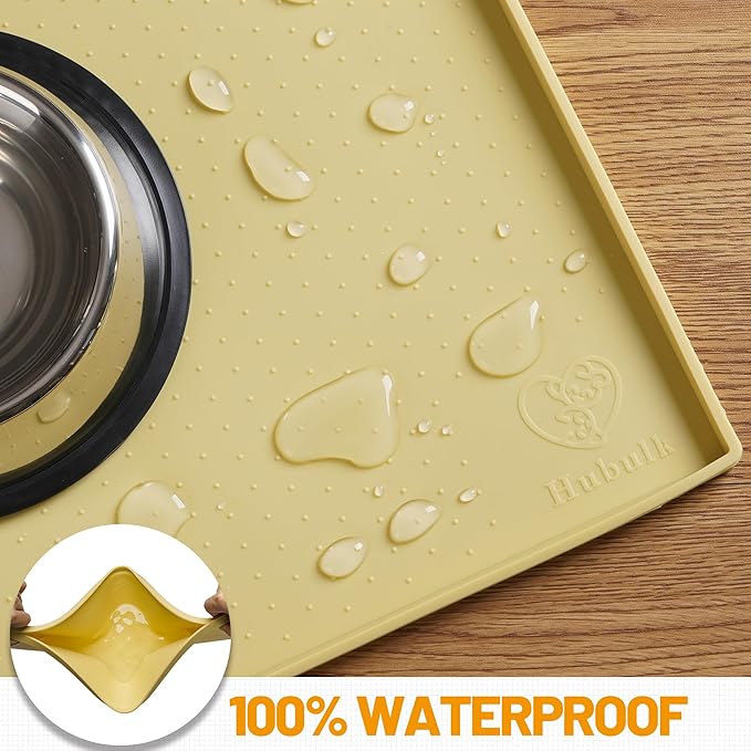 Hubulk Dog Feeding Mat,100% Waterproof Food Grade Silicone Pet Food and Water Bowl Placemat,Dishwasher, High Raised Edge to Prevent Spills,Nonslip Tray to Stop Messes on Floor（28"x18"x0.8", Yellow）