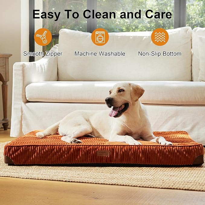 FUKUMARU Dog Bed, Thickened Corduroy Orthopedic Dog Beds with Washable Cover, Large Waterproof Dogs Bed for Crate, 28D Egg Crate Foam Support Pet Mat, Cozy Pet Bed Pad with Anti-Slip Bottom, Orange