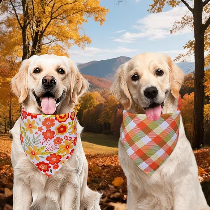 Fall Dog Bandanas Large 3PCS, 6 Pattern Thanksgiving Scarf for Boy and Girl, Pumpkin Leaves Flowers Triangle Reversible Bibs Breed for Puppy Pets