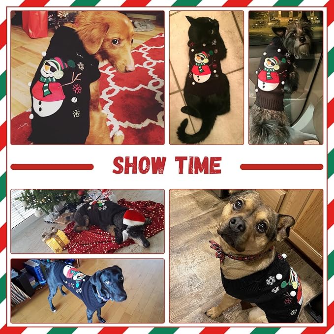 Christmas Dog Sweaters Xmas Pet Outfit Clothes Cute Black Snowman Costume Puppy Cat Knitted Jumpers (L,Black Snowman)