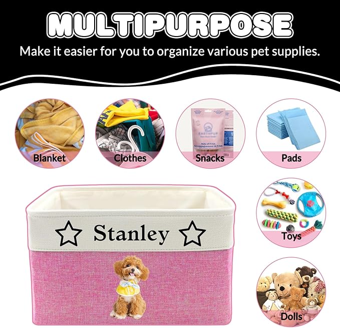 Personalized Dog Toy Storage Basket Custom Dog Name Photo Cat Pet's Gift Baskets Collapsible Organizer Box Foldable Storage Basket with Handle for Toys, Coats, Clothing, Blankets, Pink