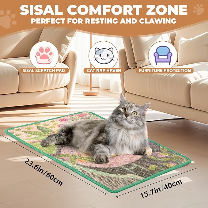 Sisal Cat Scratcher Mat, Cat Wall Scratcher for Indoor Cats, 23.6x15.7 Inch Cat Scratch Pad with Hook & Loop, Wall Mounted Cat Scratching Post to Protect Couch and Carpet（Goldfish）