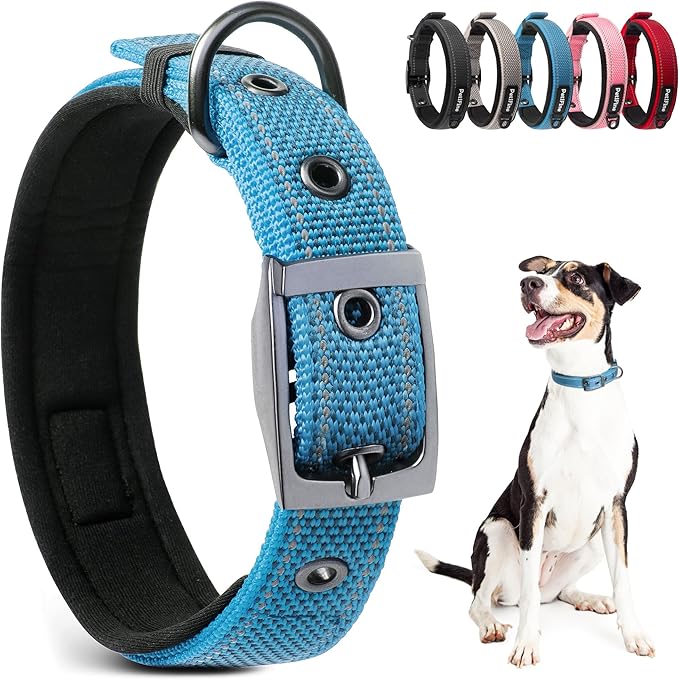PetiFine Dog Collars for Medium Dogs, Neoprene Padded and Adjustable, Reflective Wide Heavy Duty Pet Collars with Durable Metal Belt Buckle for Walking, Blue, M
