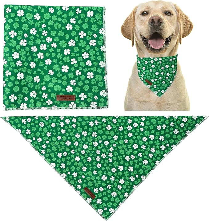 St. Patrick's Dog Bandana, UP URARA PUP Shamrock Triangle Bid Scarf for Medium Large Dogs, Cotton Kerchief for Girl Boy Puppies, Cute Spring Green Bandana,L