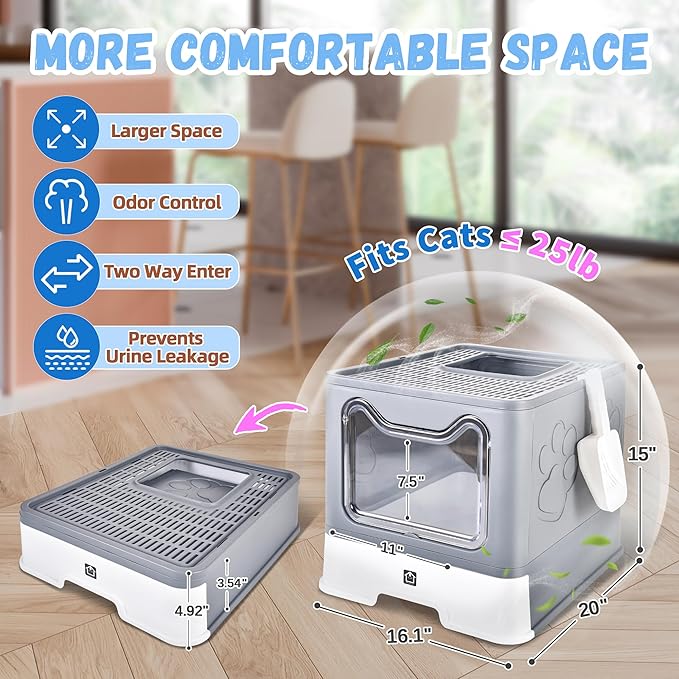 Enclosed Cat Litter Box with Lid Foldable Potty,Drawer Type Extra Large Cover Litter Box with Mat, Kitty Free in and Out/One-Way,Odor Control Anti-Splashing Easy Cleaning (Medium Grey)