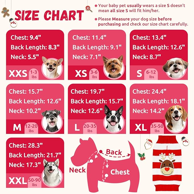 Dog Christmas Sweater Cute Striped Reindeer Xmas Pet Clothes Holiday Puppy Cat Costume New Year Gifts for Small Medium Large Dogs Jumpers (XXL, Red White Stripe Reindeer)