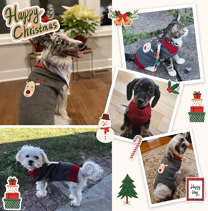 Dog Christmas Sweater Xmas Pet Clothes Cute Gray Reindeer Holiday Puppy Cat Costume New Year Gifts for Small Medium Large Dogs Jumpers (XXL, Gray Reindeer)