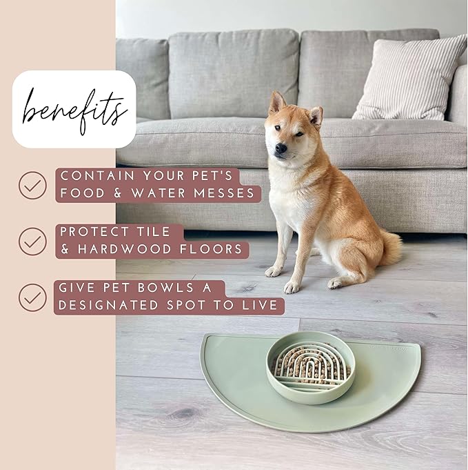 Should We Go - Waterproof Silicone Pet Food Mat - Non-Slip, Spill-Proof Feeding Mat for Floors, Raised Edge Design, Easy-to-Clean Pad for Dog & Cat Bowls, 21" Across x 10.5" Deep, Medium-Sage Green