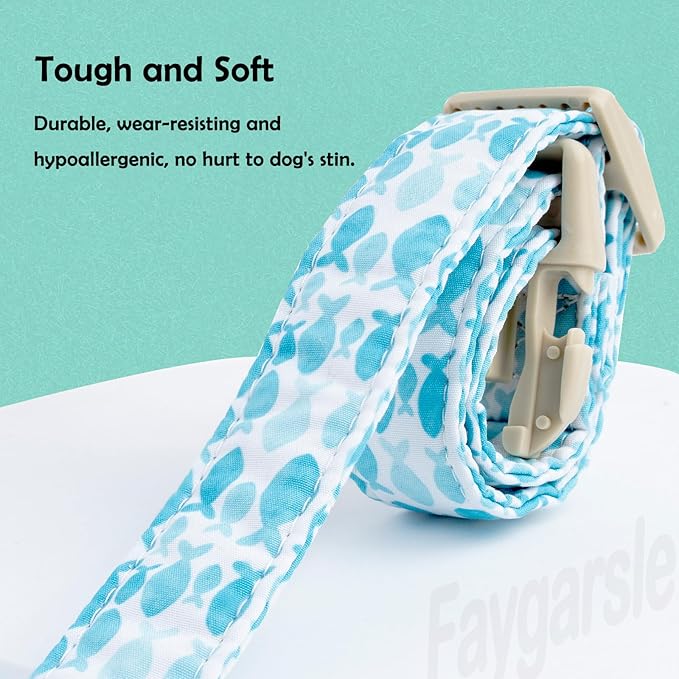 Faygarsle Fish Pattern Dog Collar, Adjustable with Buckle, Blue and White, Summer Design for Small Medium Large Dogs L