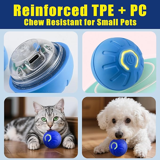 BIONEMAGILI Interactive Self-Moving Pet Toy Ball - Motion-Activated Auto Rolling, Military-Grade Chew Resistant, USB-C Rechargeable for Small Dogs & Cats (Blue, Small/Medium Sizes)