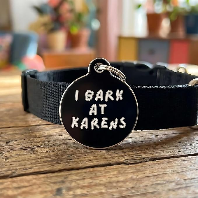 Bad Tags Personalized Dog and Cat ID Tags in 25+ Designs and 2 Sizes - 5 Lines of Custom Engraved Text - Funny Cute Personalized Pet Tags (I Bark at Karens, Large (1.25 inch))