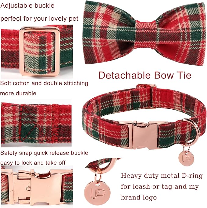 Christmas Plaid Dog Collar with Bow Tie– Adjustable Red & Green Checkered Dog Collar for Small Medium Large Dogs, Soft Xmas Plaid Puppy Collars with Quick Release Buckle M