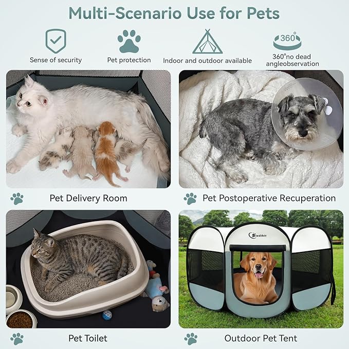 Large Dog Cat Playpen, Puppy Pet Playpen Indoor for Dog Crate Tent Cage Outdoor, Portable Pop Up Dogs Enclosure Kennel with Carrying Case for Dogs/Cats/Rabbits, Grey