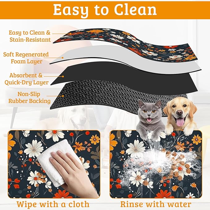 Floral Black Feeding Mat, Absorbent Quick-Dry Cat Dog Food and Water Bowl Mats,Non-Slip Rubber Backing Mat,Cat Dog Accessories Supplies 12" x 20"