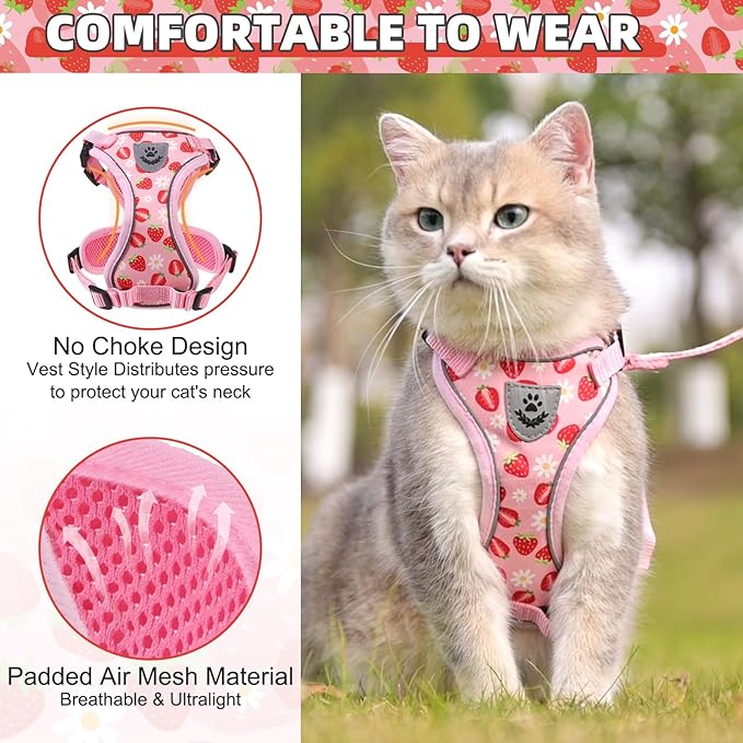 KOOLTAIL Cat Harness and Leash Set, Escape Proof for Safe Walking & Travel, Reflective Comfortable Easy Control Adjustable Kitten Harness for Boys&Girls Small Medium Large Cats Strawberry M