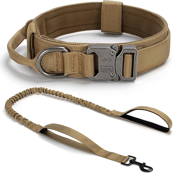 Tactical Dog Collar Set, Adjustable Military Training Nylon Dog Collar with Control Handle and Heavy Quick-Release Metal Buckle for Small Medium Large Dogs, Brown S