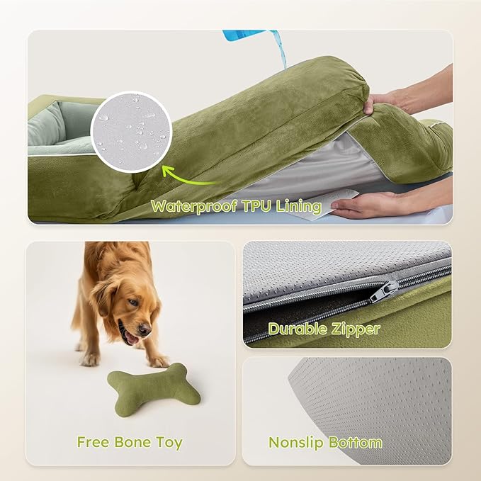 Extra Large Dog Bed, Orthopedic Dog Bed with Cooling Gel Memory Foam, Waterproof XL Pet Bed with Removable Washable Cover, 42" Pet Sofa Couch Dutch Velvet with Bone Toy, Dark Green