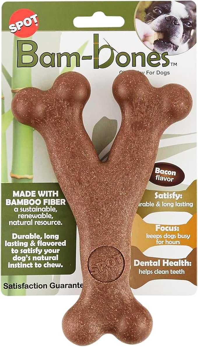 SPOT Bam-Bones Wishbone - Made with Strong Bamboo Fiber, Durable Long Lasting Dog Chew for Light to Moderate Chewers, Great Toy for Adult Dogs & Teething Puppies Under 50lbs, 7in, Bacon Flavor