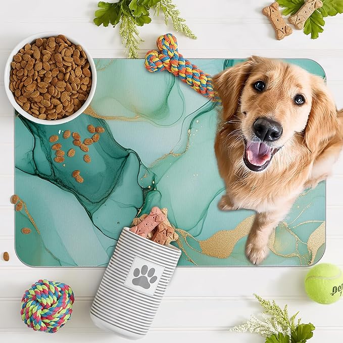 Marble Dog Food Mat for Floors,Green Gold Flowing Marble Absorbent Quick-Dry Pet Feeding Mat,Cat Dog Bowl Mats for Food and Water,Non-Slip Pet Accessories Supplies 16"x24"