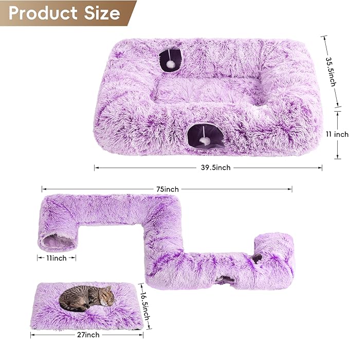 Extra Large Cat Tunnel Bed, 4 Ways Tunnels for Indoor Cats, Multi-cat Family Pet Bed & Cave, Plush Cat Donut with Washable Middle Mat, Exit Balls, Pet Play Toy for Kitten Puppy Rabbit, Purple