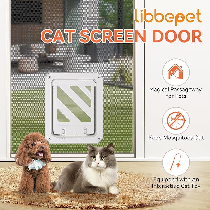LIBBEPET Cat Door for Screen Door, Lockable Cat Screen Door for Cats & Small Dogs Up to 20 lbs, Magnetic Flap Opening 7 x 9 inches, Equipped with Interactive Cat Toy & Installation Tools, White