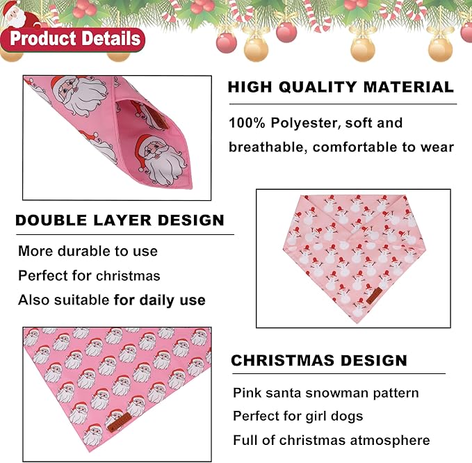 ADOGGYGO Pink Christmas Dog Bandanas 2 Pack, Reversible Santa Snowman Xmas Scarf Bib, Adjustable Fit Pink Christmas Bandana for Extra Large Dogs Girl (X-Large)