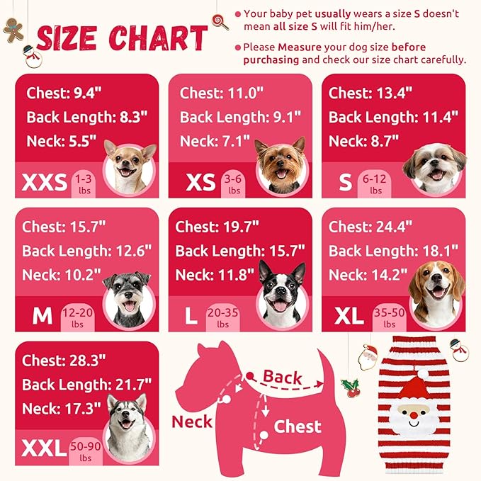 Dog Christmas Sweater Xmas Pet Clothes Cute Striped Santa Claus Costume Holiday Puppy Cat Jumpers Outfits New Year Gifts for Small Medium Large Dogs (XS, Red White Stripe Santa Claus)