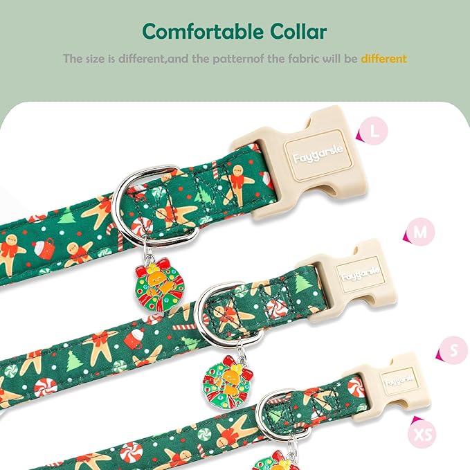 Faygarsle Christmas Dog Collar, Green Gingerbread Pattern, Plastic Buckle with Metal D-Ring, Holiday Pet Accessory, for Small Medium Large Dogs XS