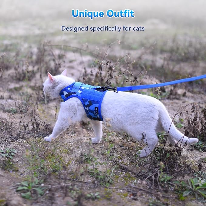 Tactical Kitty Harness and Leash for Walking Escape Proof Breathable Mesh Fabric, Ocean Camo, Small, Adjustable Cat Walking Jackets, Padded Stylish Cat Vest