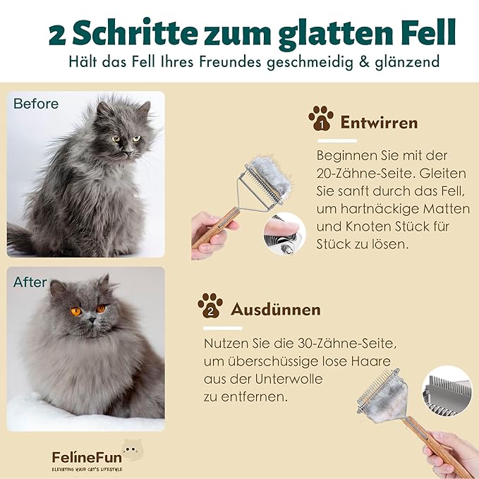 FelineFun Cat Brush for Dematting & Deshedding, 2 in 1 Undercoat Rake, Efficiently Remove Loose Hair & Matted Fur, Professional Shedding Comb for Indoor Cats & Long Haired Cats