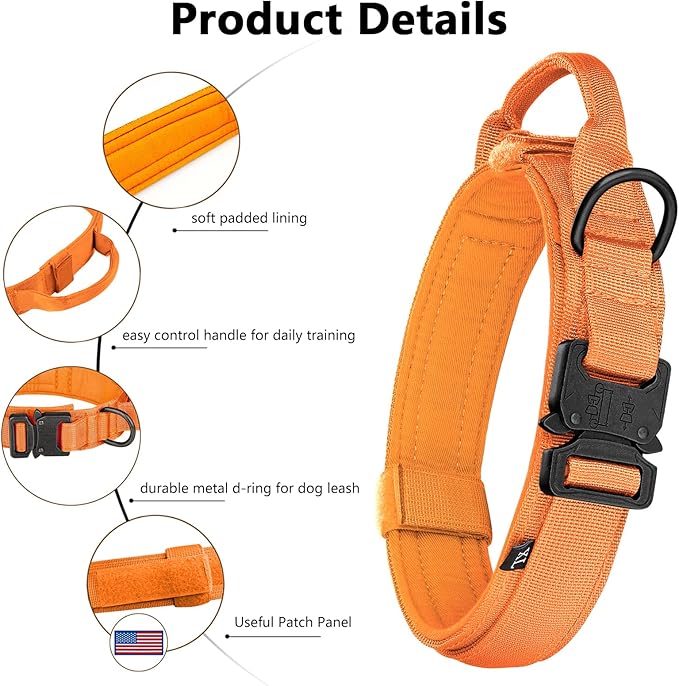 DAGANXI Tactical Dog Collar, Adjustable Military Training Nylon Dog Collar with Control Handle and Heavy Metal Buckle for Medium and Large Dogs, with Patches and Airtags Case (Orange, M)