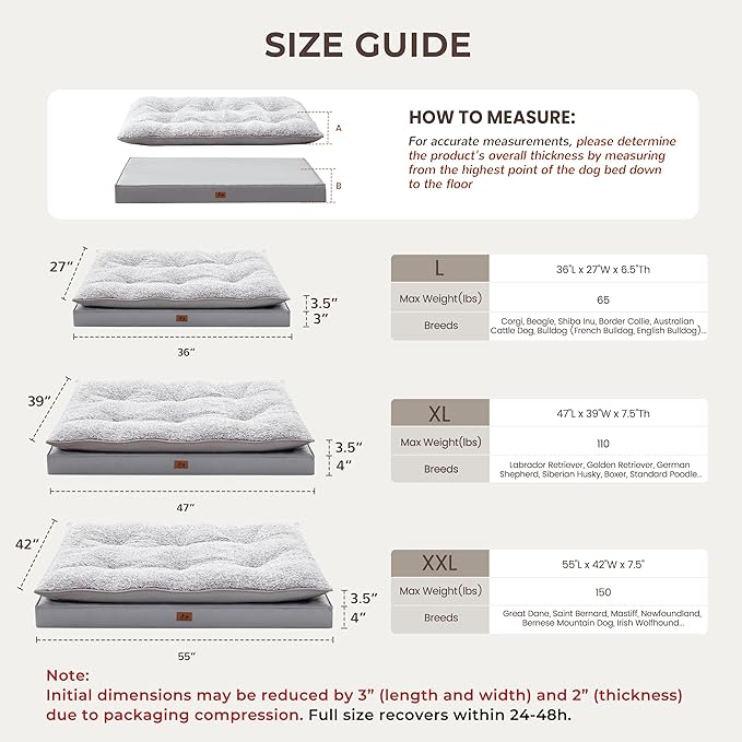 2-Pack Waterproof Dog Bed Large Size Dogs, Plush Cushion & Orthopedic Egg-Crate Foam Mattress for Senior Dogs, Washable Dog Crate Bed with Removable Cover, Light Grey