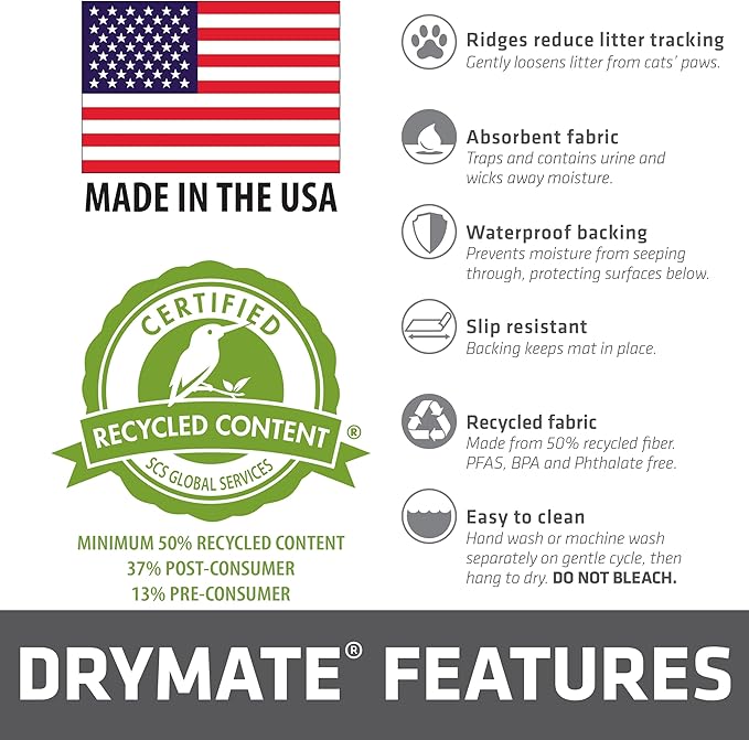 Drymate Cat Litter Box Mat, Litter Trapping Mat, Waterproof, Urine-Proof, Absorbent, Machine Washable, Soft on Paws, Contains Mess, Protects Floors, Kitten Supplies, Grey, 28x36 XL