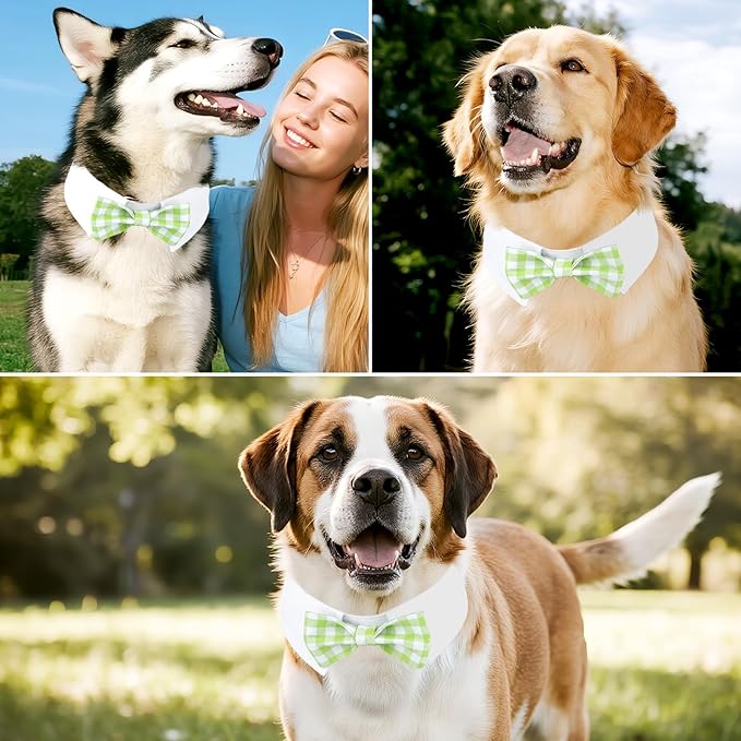 Segarty Dog Bow Tie for Neck Girths 16.5-21.2in, Adjustable Green Plaid Bowtie Collar for Extra Large Dog, Pet Necktie Comfortable Cotton Grooming Accessories for Formal Wedding Holiday Birthday Party