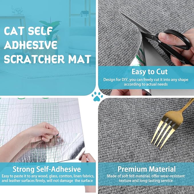Climbing Cat Scratcher Mat Trimmable Cat Scratching Post Carpet 157.4’’x15.8’’ Self Adhesive Carpet Mat Pad Replacement for Cat Tree Shelves Post Couch Wall Furniture Steps DIY Protector (Light Gray)
