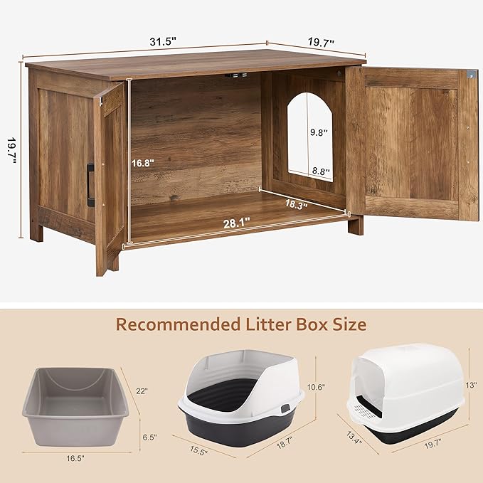 Homhedy Cat Litter Box Enclosure, Wooden Cat Washroom Furniture with Barn Door, Pet House, Fit Most of Litter Box, Rustic Walnut