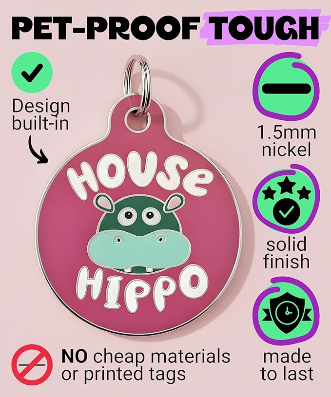 Bad Tags Personalized Dog and Cat ID Tags in 25+ Designs and 2 Sizes - 5 Lines of Custom Engraved Text - Funny Cute Personalized Pet Tags (House Hippo - Pink, Small (1 inch))