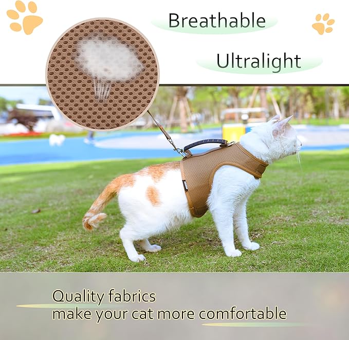 Kitty Harness and Leash for Walking Escape Proof Breathable Mesh Fabric, Solid Brown, Small, Adjustable Cat Walking Jackets with Handle, Padded Stylish Cat Vest