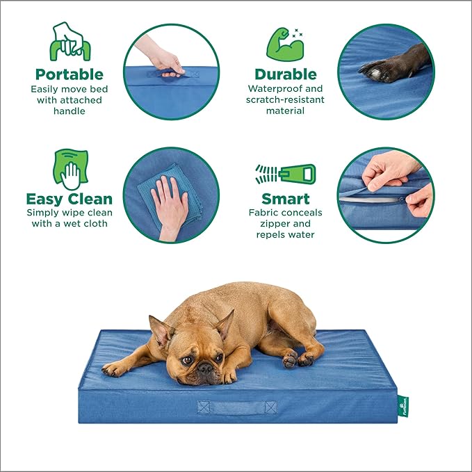 FurHaven Cooling Dog Bed – Medium Foam Mattress for Joint Pain Relief, Waterproof Liner, Removable Washable Cover, Durable for Outdoor Use, Deluxe Grid Indoor/Outdoor Bed – Blue, Medium