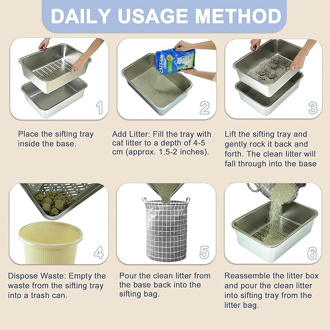 Teheao 2 Pack Stainless Steel Sifting Cat Litter Box for Clumping Litter, XL Extra Large Metal Sifter Tray Pan with Cat Litter Bag, Low Dust, Odor Control, Easy Cleaning (19.7"*13.8"*5.9")