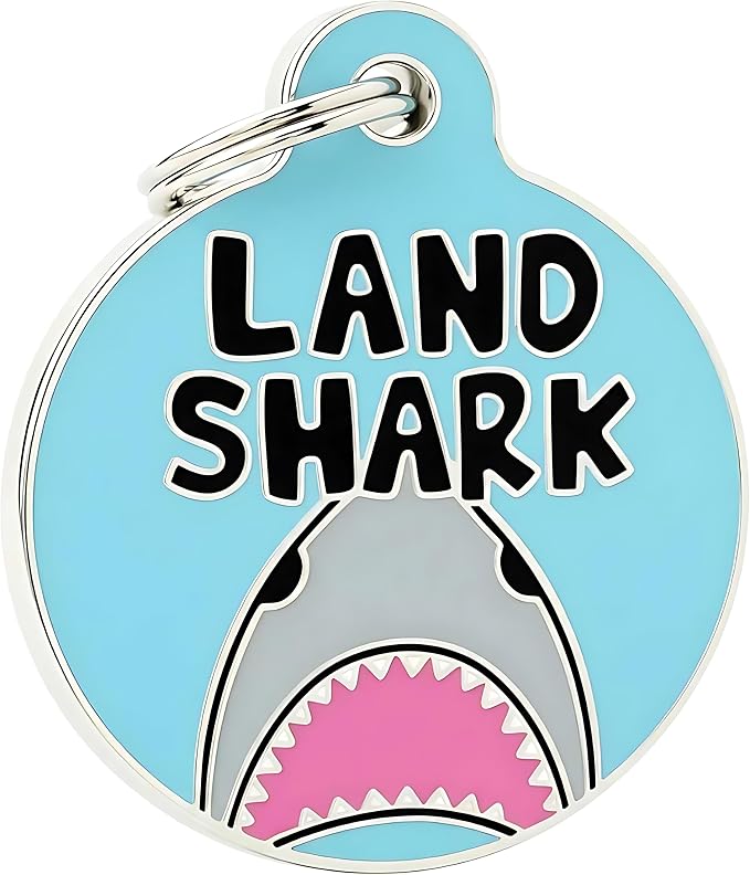 Bad Tags Personalized Dog and Cat ID Tags in 25+ Designs and 2 Sizes - 5 Lines of Custom Engraved Text - Funny Cute Personalized Pet Tags (Land Shark, Small (1 inch))