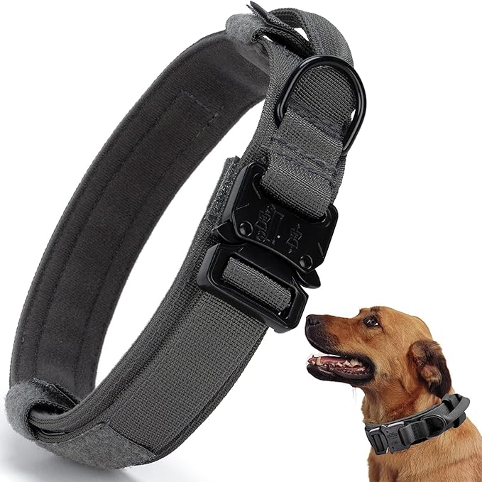 Tactical Dog Collar, Adjustable Military Training Nylon Dog Collar with Control Handle and Heavy Quick-Release Metal Buckle for Small Medium Large Dogs, Grey S