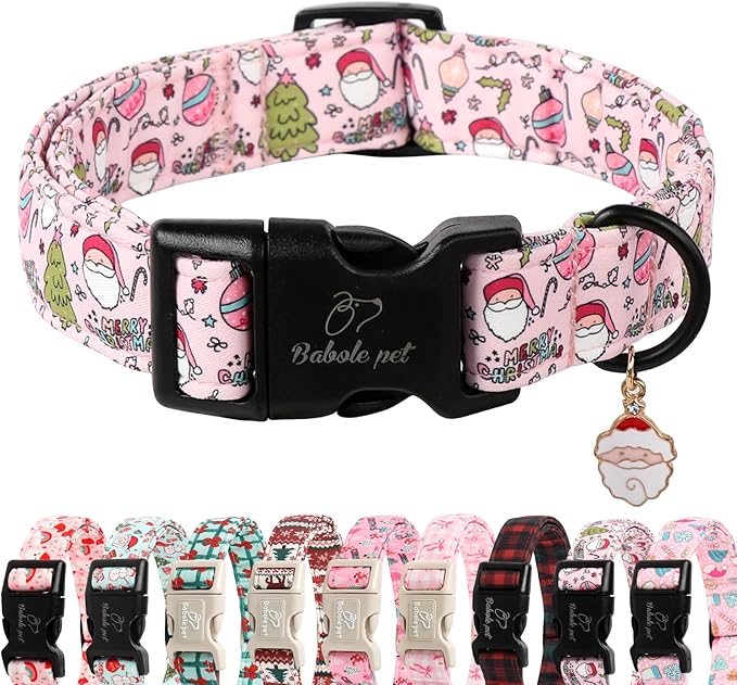 Christmas Dog Collar for Large Dogs - Cute Santa Print Pink Christmas Collars for Dogs, Soft Adjustable Winter Holiday Dog Collars with Quick Release Buckle L