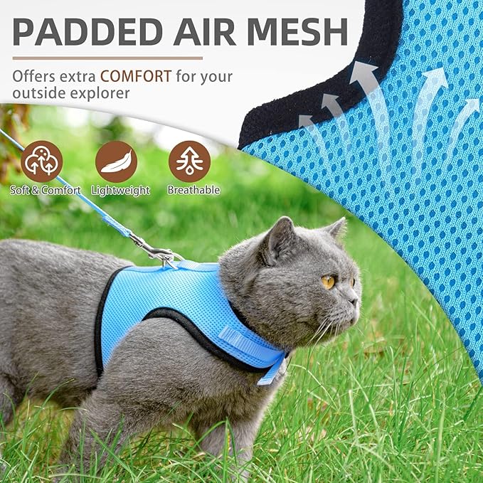PUPTECK Soft Mesh Cat Vest Harness and Leash Set Puppy Padded Pet Harnesses Escape Proof for Cats Small Dogs, Blue Small