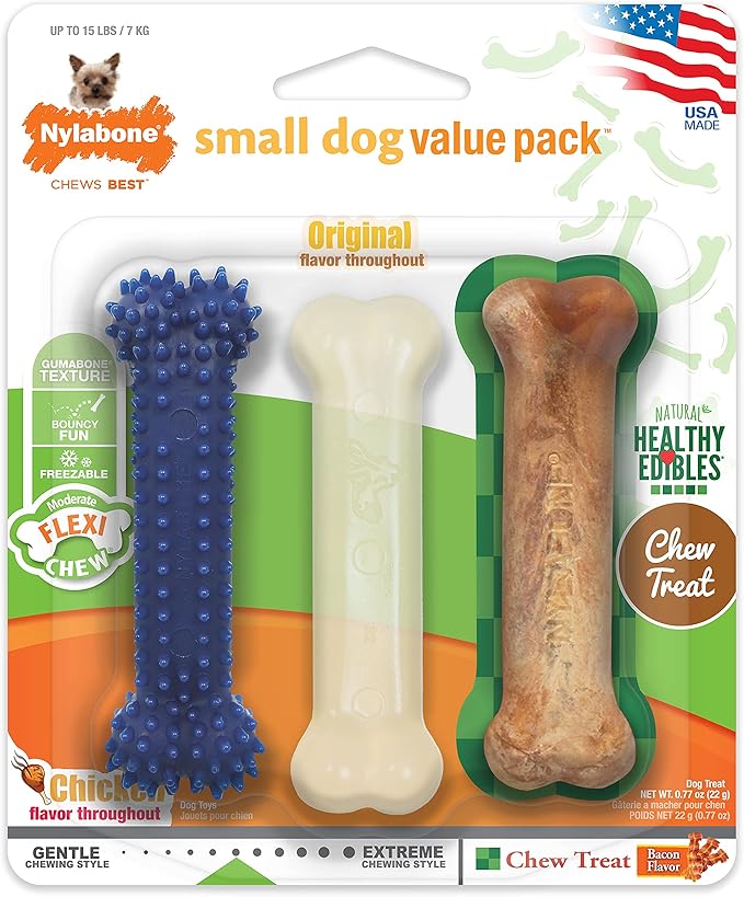 Nylabone Original Bone Flexi Chew Toy for Dogs, Dog Toys for Moderate Chewers, Dog Chew Bones, Chicken & Original Flavor, For X-Small Dogs - Up to 15 lbs, 3 Pack