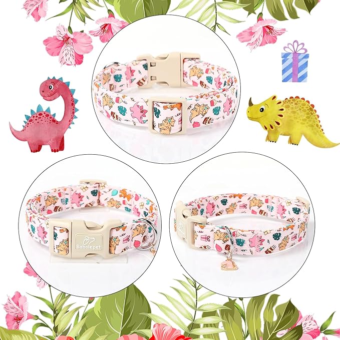 Cute Dinosaur Dog Collar, Adjustable Pink Dino Dog Collars for Medium Dogs, Lightweight Quick-Release Buckle Birthday Collar for Boy&Girl Dogs M