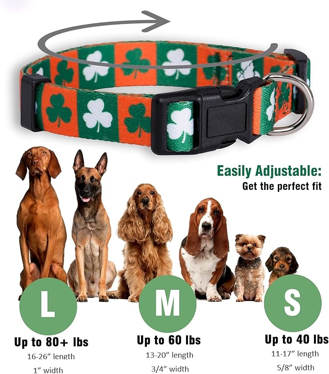 Native Pup St Patricks Dog Collar- Saint Patrick Green Shamrock Pet Collars- St. Patrick’s Lucky Irish- Adjustable for Small, Medium, Large Breeds (Green & Orange Shamrock, Medium)